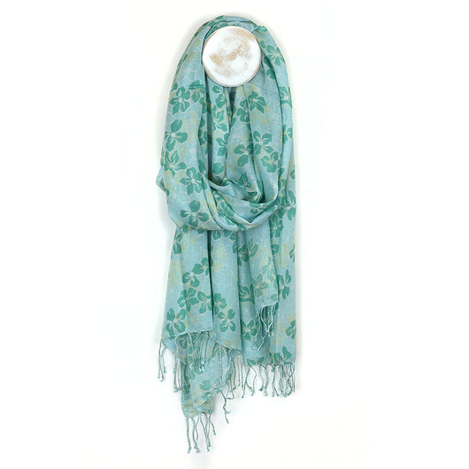 Scarf ~ 52902 Light turquoise sea of flowers scarf with fringe
