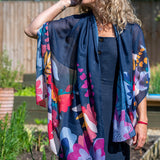 52632 Recycled Navy blue with tropical print edge scarf