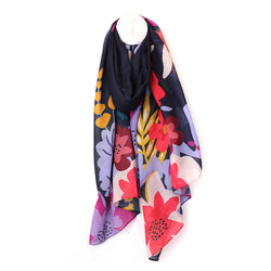 Scarf ~ 52632 Recycled Navy blue with tropical print edge scarf