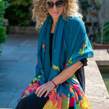52633 Recycled Teal blue scarf with tropical print edge