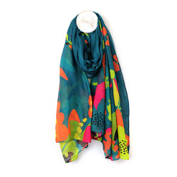 Scarf ~ 52633 Recycled Teal blue scarf with tropical print edge