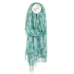 Scarf ~ 52902 Light turquoise sea of flowers scarf with fringe