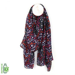 Scarf ~ 51551 POM Recycled yarn animal print in Navy Red/Pink mix scarf