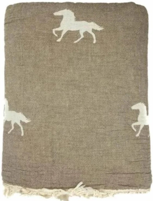 Fleece Throw ~ HTF02 Horse design Brown cotton blanket with fleece backing 170 x 130cm