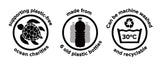 Logos for plastic free oceans, 6 plastics bottles use, machine washable