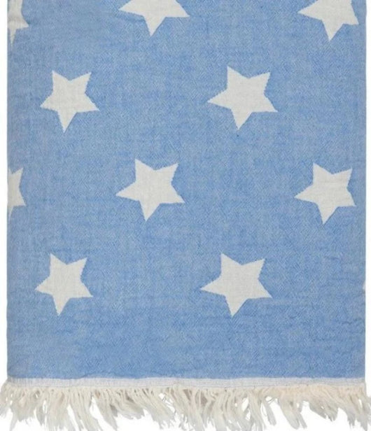 Stars design Blue cotton blanket with fleece backing 170 x 130cm